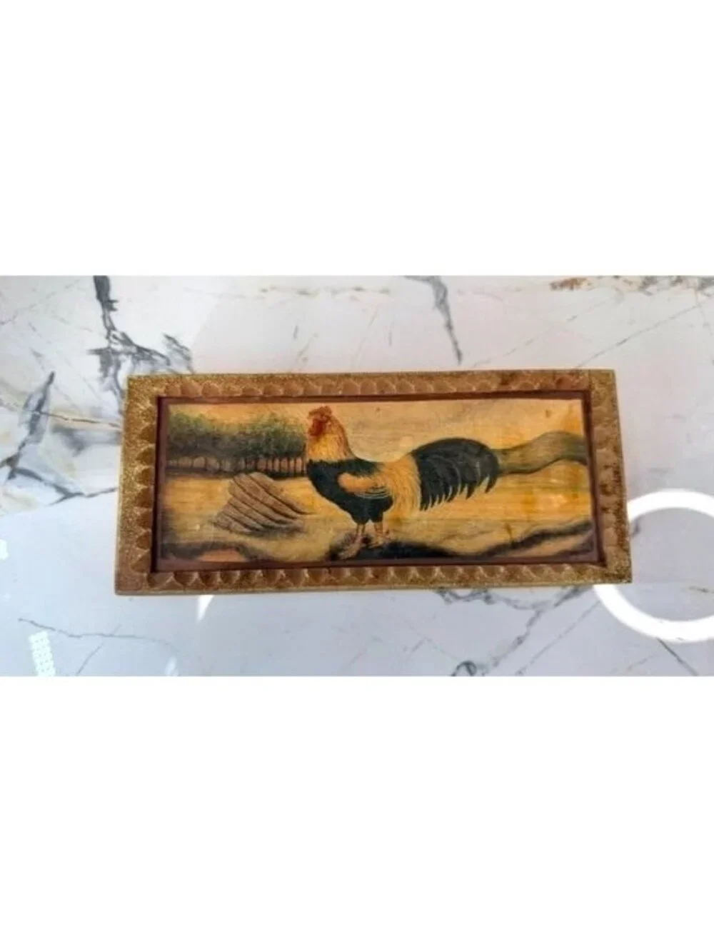 Vintage Rooster Wood Storage Hinged Trinket Box , country, farmhouse